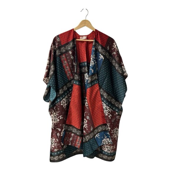 FREE PEOPLE Mon Cheri Silky Patchwork Kimono One Size Boho Red Teal NWOT - Picture 3 of 9
